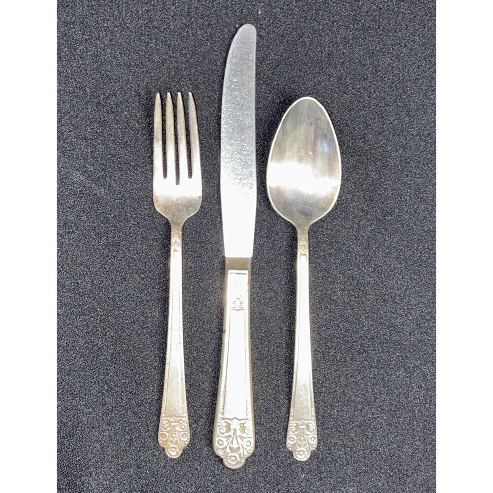 VTG 1940s Rogers DeLuxe Plate Precious Fork Knife Spoon 3 Pc Flatware Set Silver